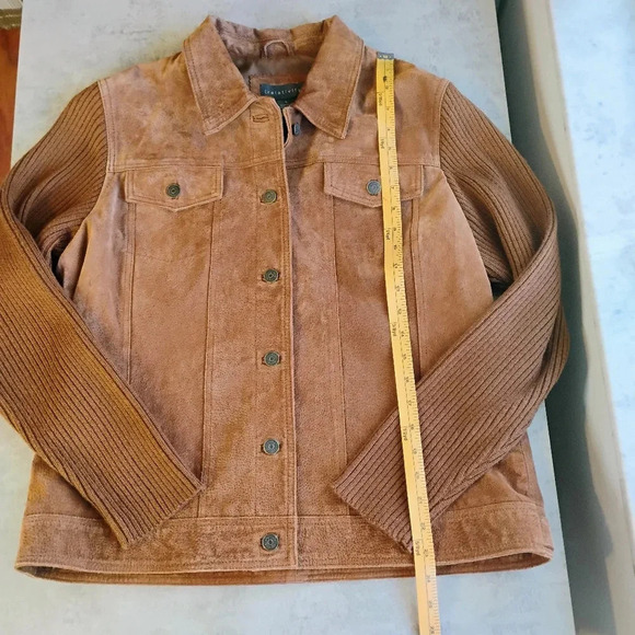 Relativity Brown Suede Leather Trucker Jacket Ribbed Knit Sleeves Size Large - Picture 10 of 11